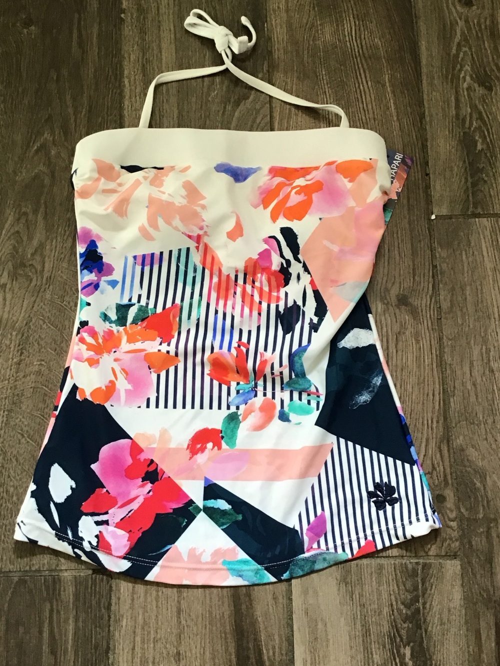 Hapari White Multicolor Floral & Stripe Halter Tankini Top